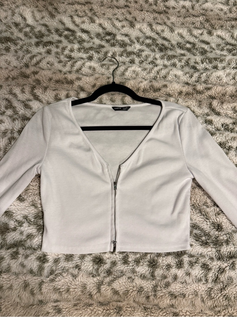 SHEIN White Ribbed Zip Cropped Long-Sleeve Top